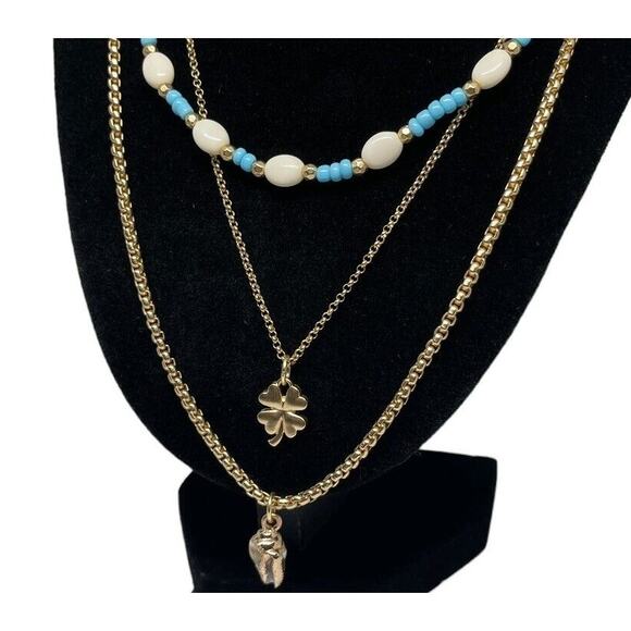 Lucky Brand Jewelry - Lucky Brand Layered Shell Clover Pendant Necklace Stylish Boho Fashion Gold Tone